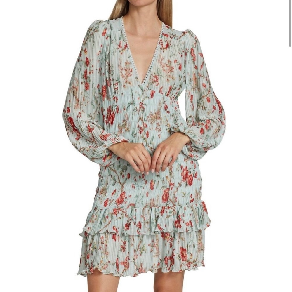 Floral-Printed Smocked Plisse Minidress